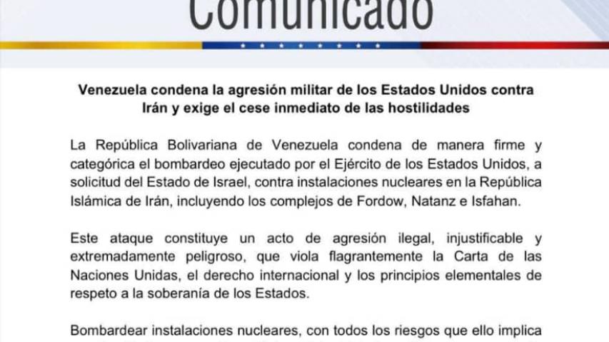 Venezuela condena la agresión militar de los Estados Unidos contra Irán y exige el cese inmediato de las hostilidades